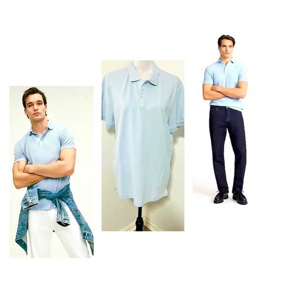 Men’ Express Medium X-Logo Perfect Pima Cotton Pique Polo Blue Fog Business NWOT - Picture 1 of 8